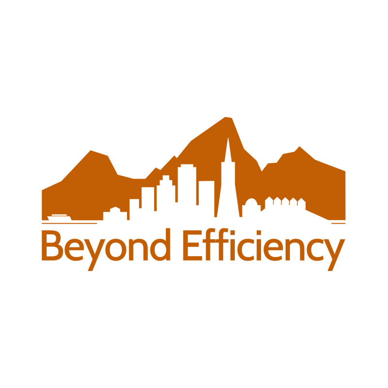 Beyond Efficiency logo - orange mountains with city skyline