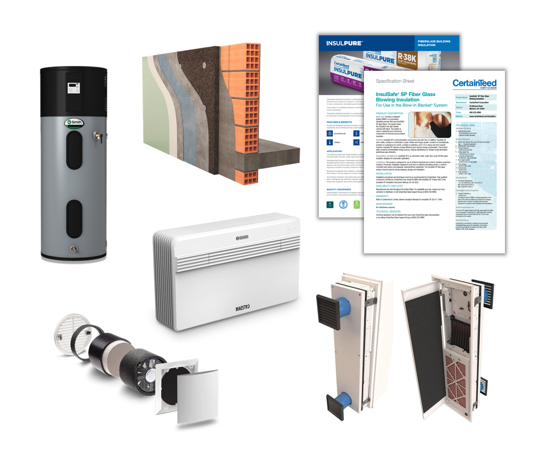Image of multiple products: heat pump water heater, packaged terminal heat pump, energy recovery ventilator, and 2 product sheets